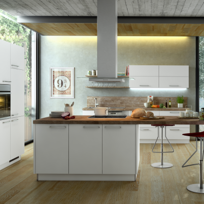 Einbauküche KA 40.100 im strahlendem Weiß und moderner Arbeitsplatte, Kücheninsel und Geräteblock
