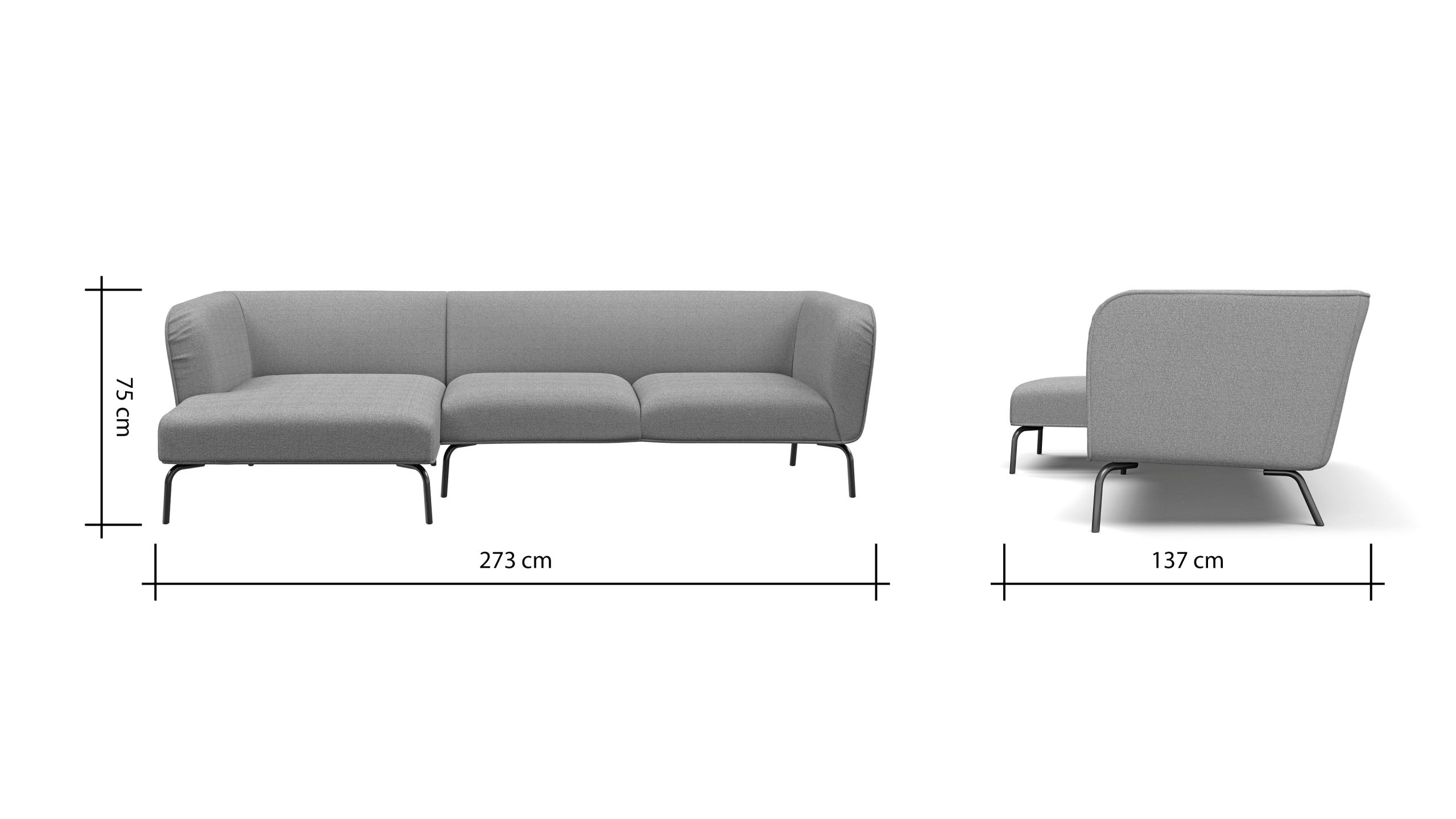 Ecksofa Lene – Longchair links, 2,5 Sitzer, Stoff, Grau
