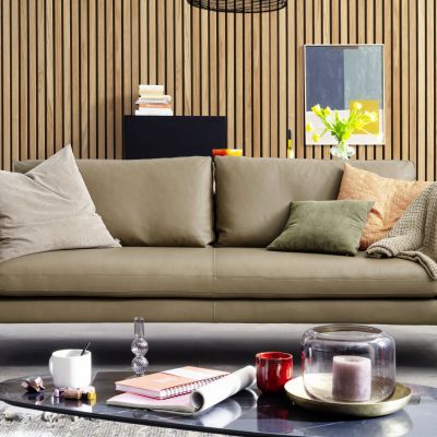 Sofa Helmi – 3-Sitzer, Leder, Cappuccino, Metallkufe