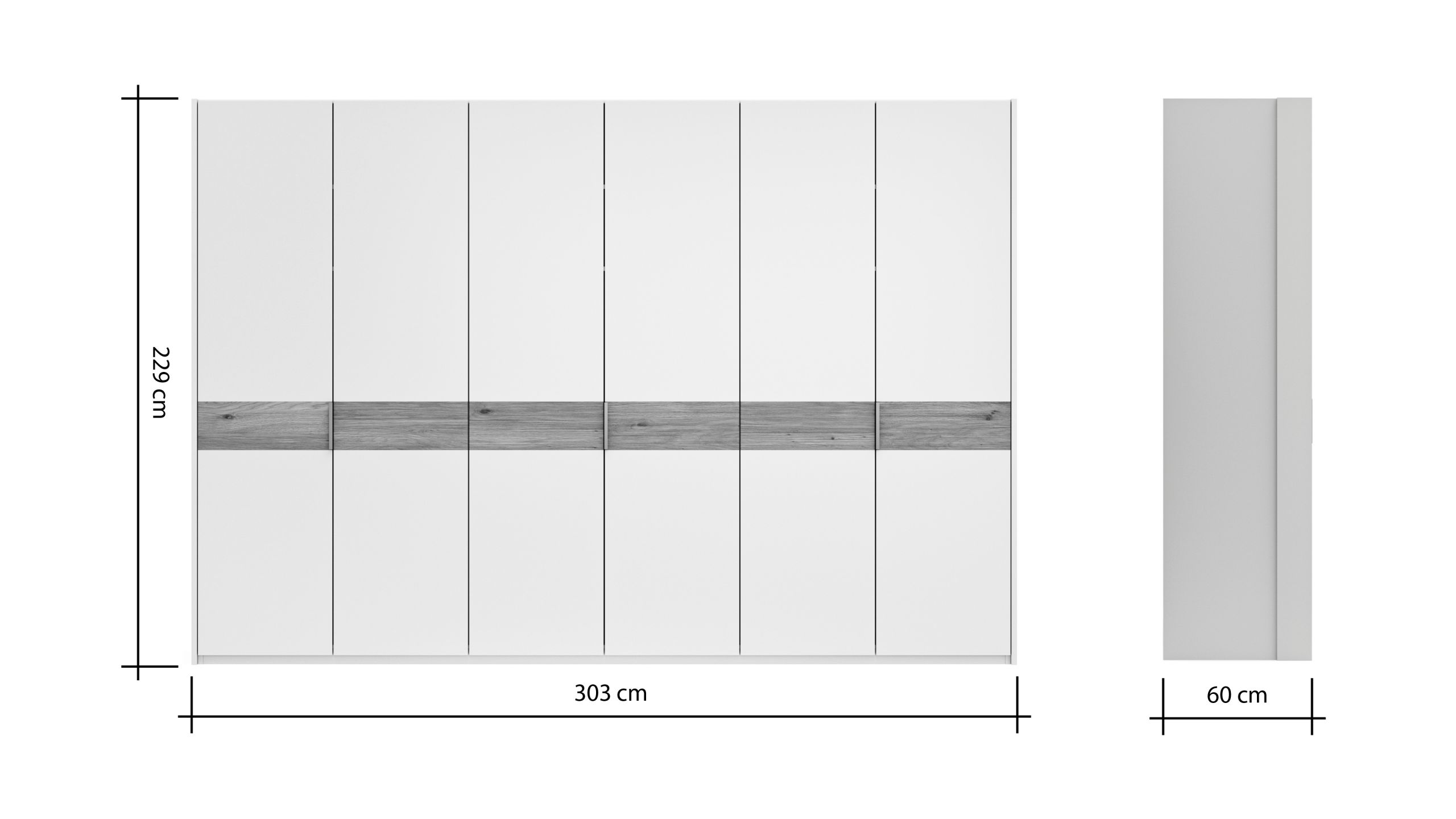 Drehtürenschrank Viana – B ca. 303 cm, Lack, Weiß, Riffholz, Wildeiche