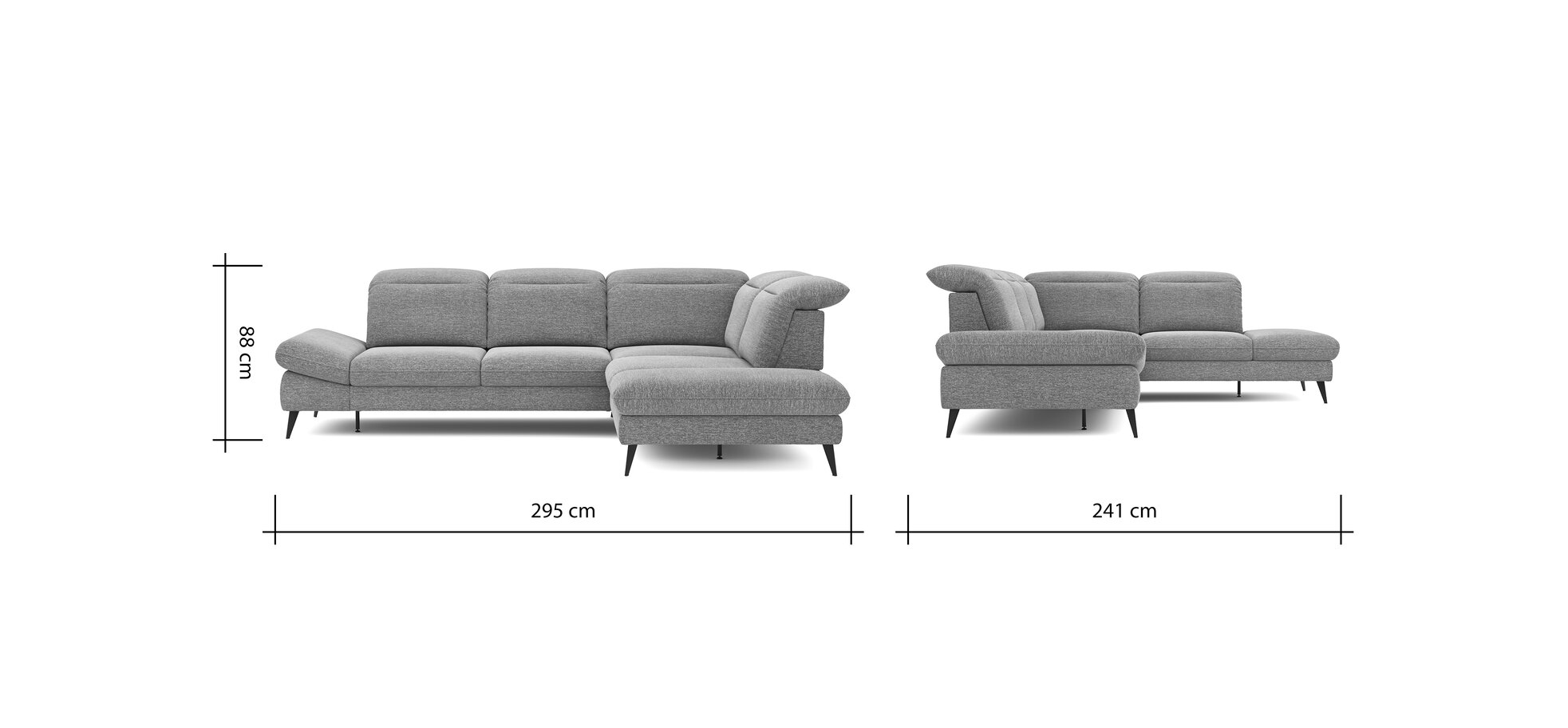 Ecksofa Alegria – 2,5-Sitzer mit Ecke rechts inkl. Schlaffunktion und Kopfteil/ Armteil/ Sitztiefe verstellbar, Stoff, Graublau