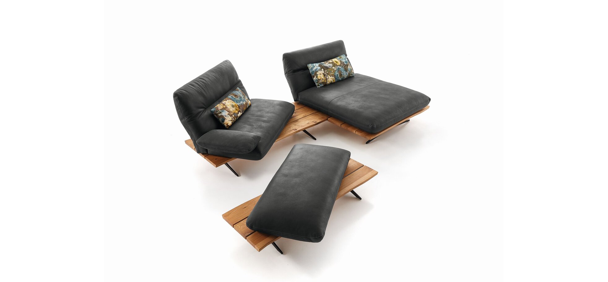 Ecksofa – 1-Sitzer mit Longchair rechts, Rücken/Armlehne/Sitztiefe verstellbar, Leder, Schwarz