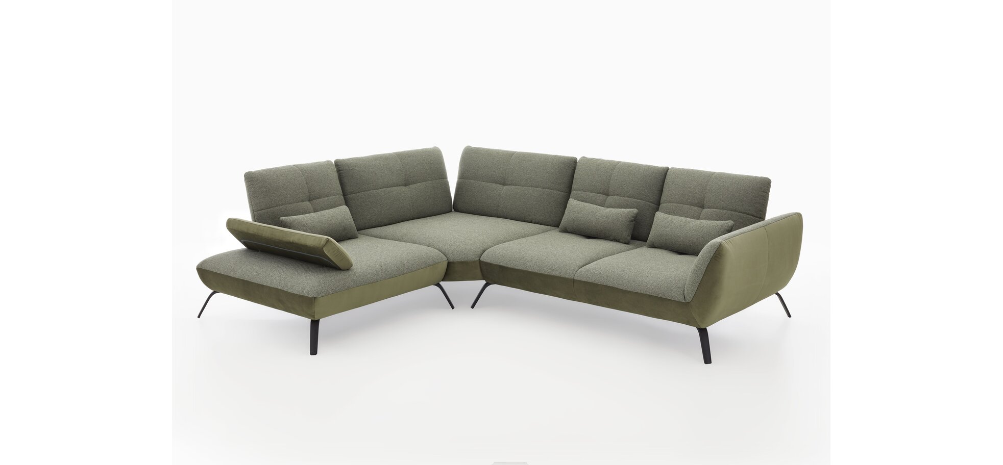Sofa – 1-Sitzer mit Trapezecke und 3-Sitzer, inkl. Schwenkrücken und Nierenkissen, Stoff, Olivgrün