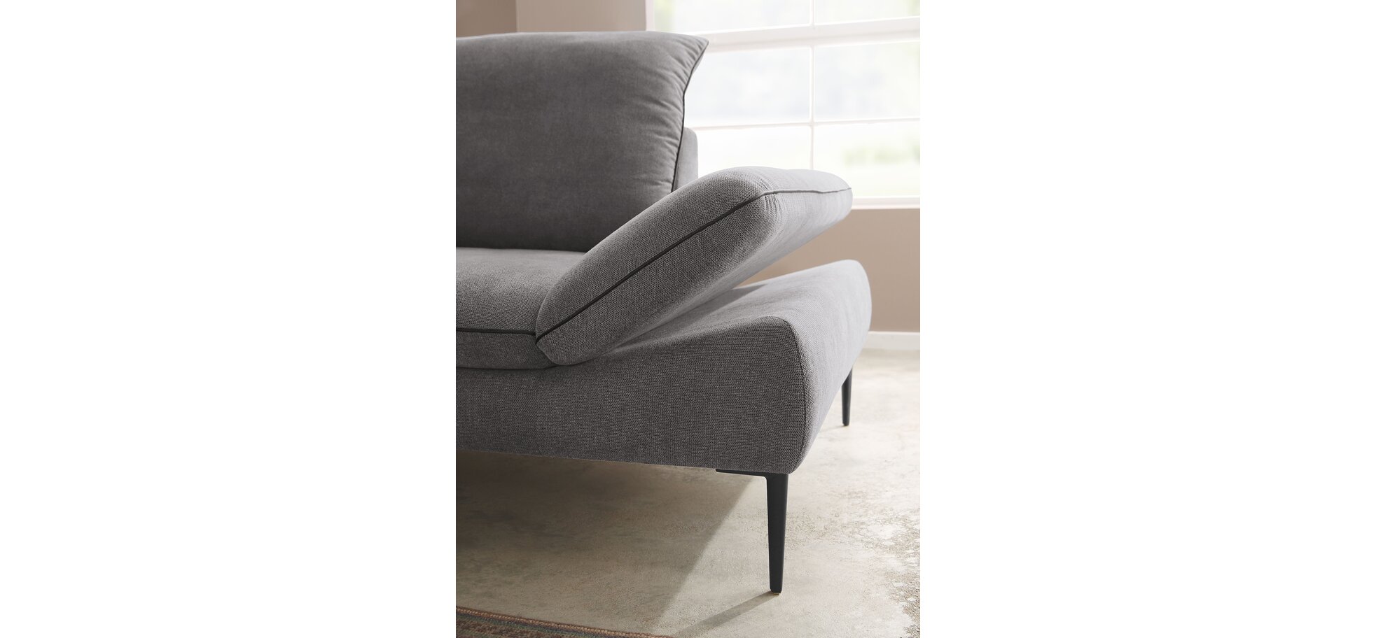 Ecksofa – Longchair links mit 1-Sitzer, Kopfteil/Armlehne/Sitztiefe verstellbar, Stoff, Grau