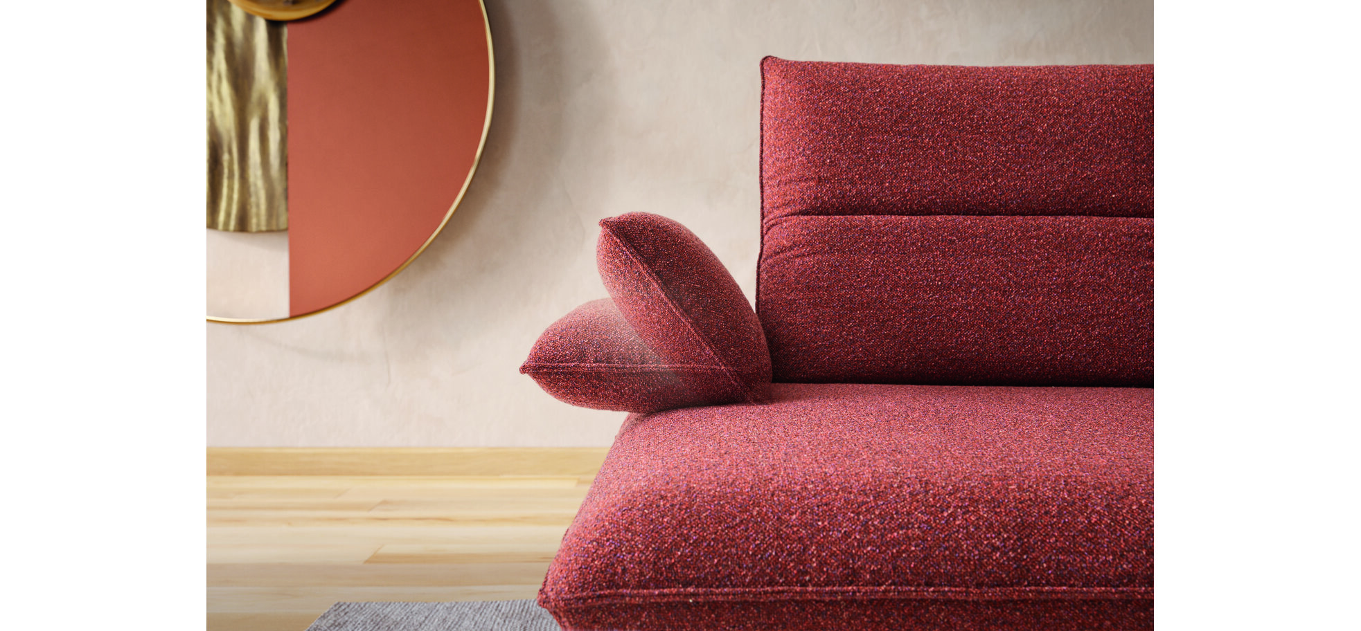 Ecksofa – 1-Sitzer mit Longchair rechts, Armlehne verstellbar, Rücken/Sitztiefe verstellbar, Stoff, Rot