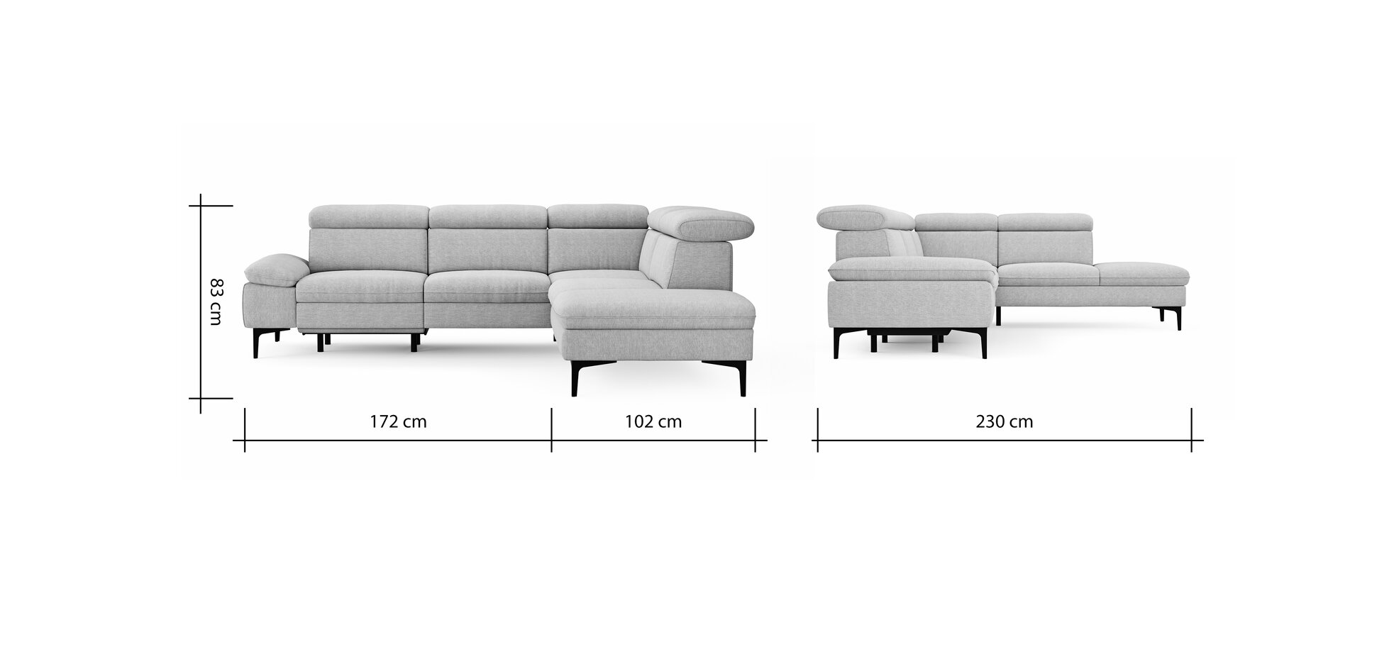 Ecksofa Felipa – 2,5-Sitzer mit Ecke rechts inkl. Armlehne verstellbar und Rückenlehne/Sitztiefe verstellbar (motorisch), Stoff, Grau
