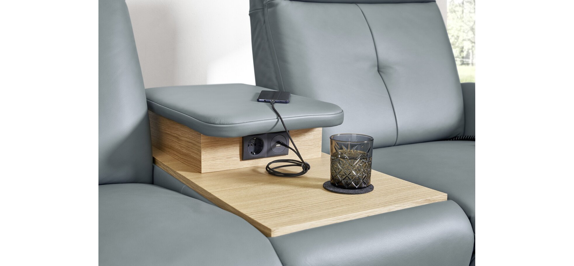 Sofa – 2-Sitzer mit Ablagetisch, Leder, Graublau