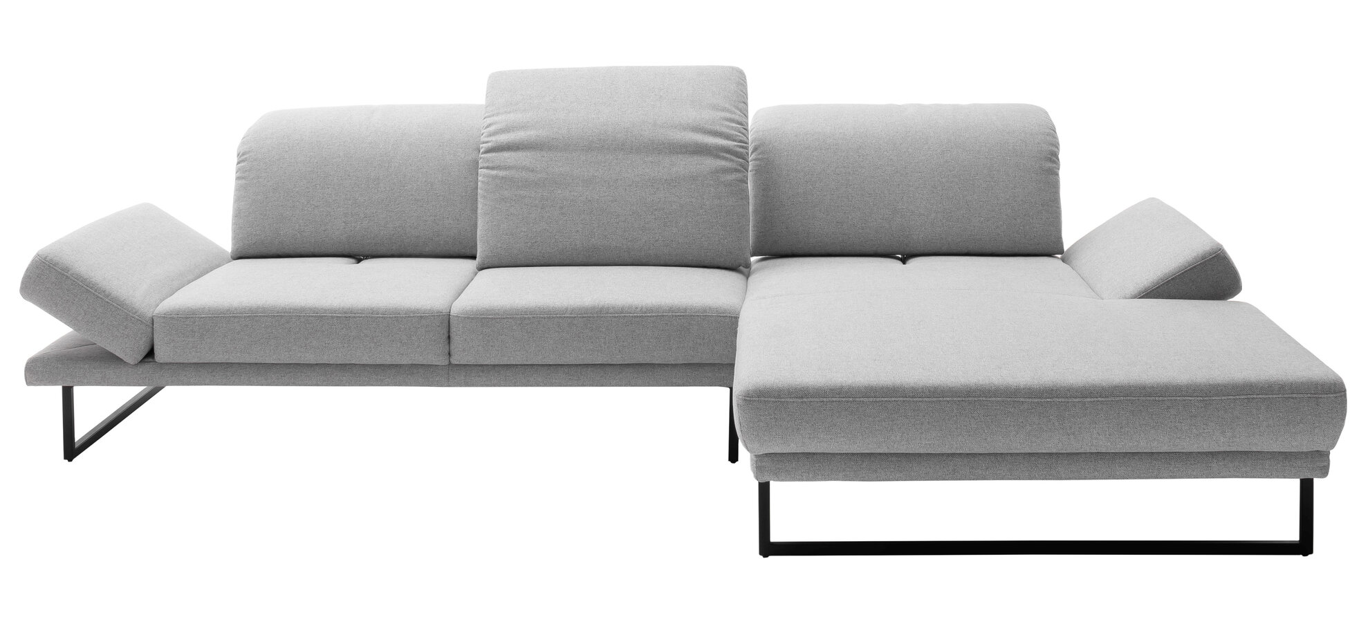 Ecksofa – 2-Sitzer mit Longchair rechts, Kopfteil/Sitztiefe/Armlehne verstellbar, Stoff, Hellgrau