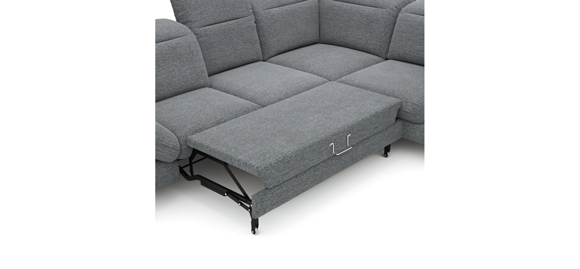 Ecksofa Alegria – 2,5-Sitzer mit Ecke rechts inkl. Schlaffunktion und Kopfteil/ Armteil/ Sitztiefe verstellbar, Stoff, Graublau