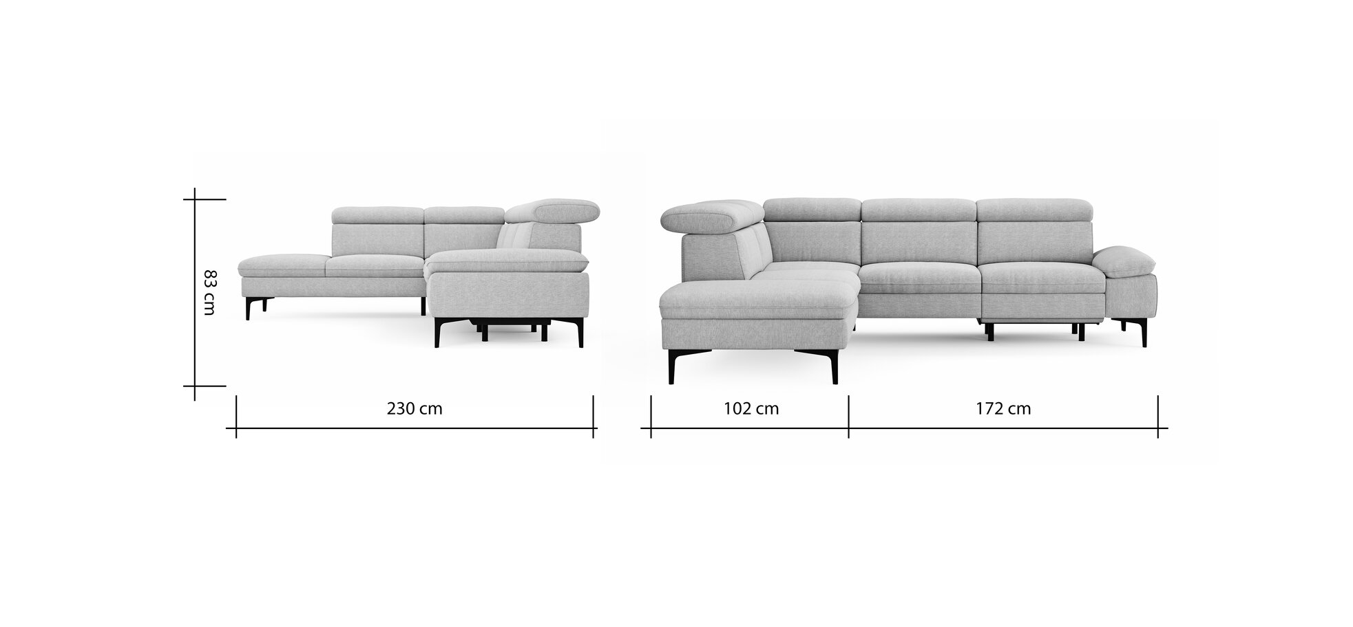 Ecksofa Felipa – Ecke links mit 2,5-Sitzer inkl. Armlehne verstellbar und Rückenlehne/Sitztiefe verstellbar (motorisch), Stoff, Grau