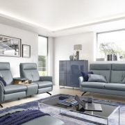 Sofa – 2-Sitzer mit Ablagetisch, Leder, Graublau