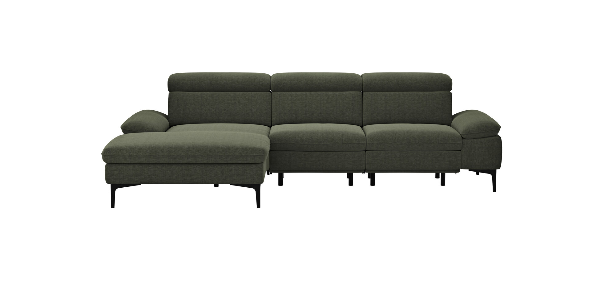 Ecksofa Felipa – Longchair links mit 2,5-Sitzer inkl. Armlehne verstellbar und Rückenlehne/Sitztiefe verstellbar (motorisch), Stoff, Dunkelgrün
