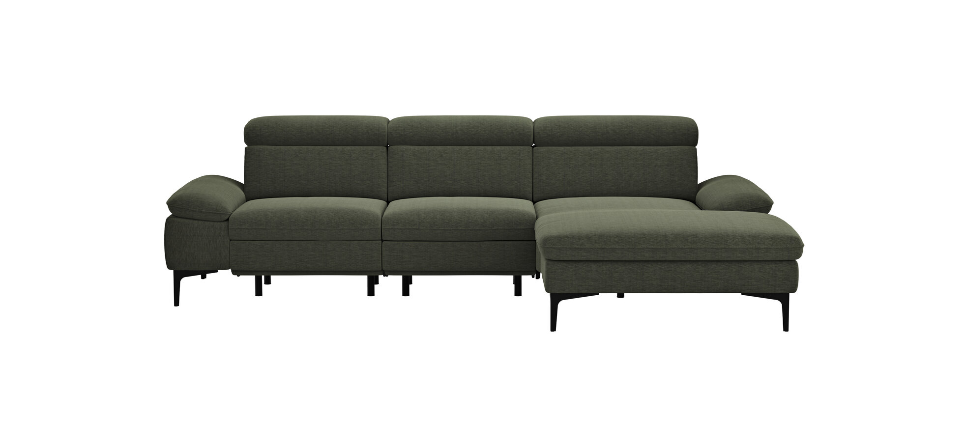 Ecksofa Felipa – 2,5-Sitzer mit Longchair rechts inkl. Armlehne verstellbar und Rückenlehne/Sitztiefe verstellbar (motorisch), Stoff, Dunkelgrün