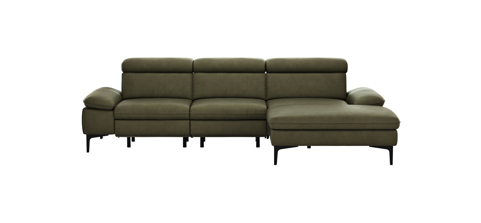 Ecksofa Felipa – 2,5-Sitzer mit Longchair rechts inkl. Armlehne verstellbar und Rückenlehne/Sitztiefe verstellbar (motorisch), Leder, Olive