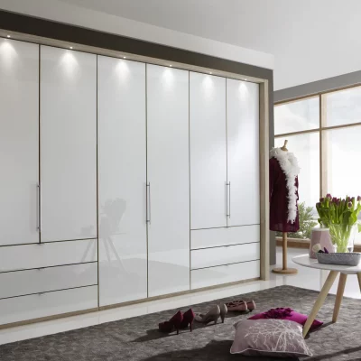 Drehtürenschrank – B ca. 306,4 cm,  Eiche-Sägerau-Nachbildung, Glas Weiß