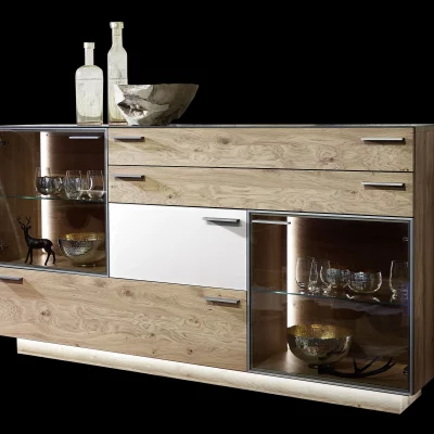 Sideboard – mit Beleuchtung, Kernasteiche Furnier, Akzent Satinglas Weiß