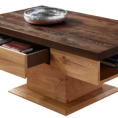Couchtisch – Schubkasten, LBH ca. 120x70x48 cm, Alteiche Furnier, Platte Alm-Altholz,