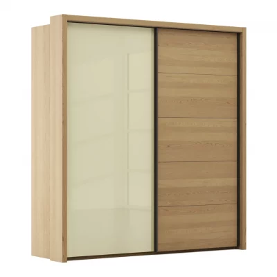 Schwebetürenschrank Lenoso – B. ca. 210 cm, Eiche massiv, Glas Champagner