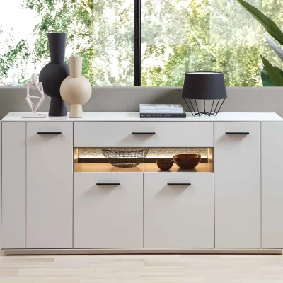 Sideboard –  mit Beleuchtung, Creme Lack, Absetzung: Granit Steinfurnier