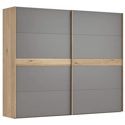 Schwebetürenschrank Viana – B ca. 271 cm, Lack, Steingrau, Riffholz, Balkeneiche