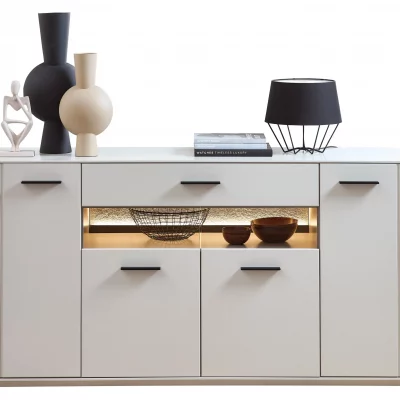 Sideboard –  mit Beleuchtung, Creme Lack, Absetzung: Granit Steinfurnier