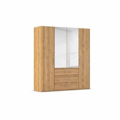 Drehtürenschrank – B. ca. 201 cm, mit Spiegeltüren und 3 Schubkästen, Fronten Asteiche Massiv