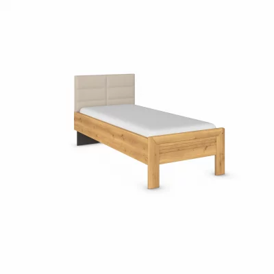 Bett – Liegefläche ca. 100×200 cm, mit Polsterkopfteil Champagner, Stollenfuß Asteiche Massiv