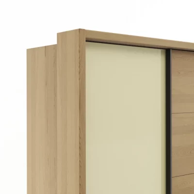 Schwebetürenschrank Lenoso – B. ca. 210 cm, Eiche massiv, Glas Champagner