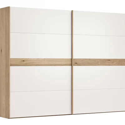 Schwebetürenschrank Viana – B ca. 301 cm, Lack, Weiß, Riffholz, Balkeneiche