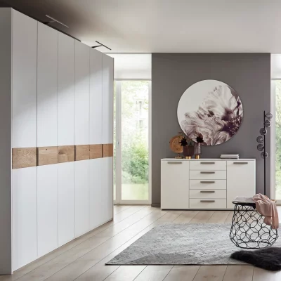 Drehtürenschrank Viana – B ca. 303 cm, Lack, Weiß, Riffholz, Wildeiche