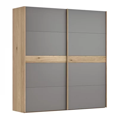 Schwebetürenschrank Viana – B ca. 212 cm, Lack, Steingrau, Riffholz, Balkeneiche