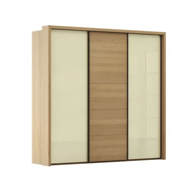 Schwebetürenschrank Lenoso –  B. ca. 260 cm, Eiche massiv, Glas, Champagner