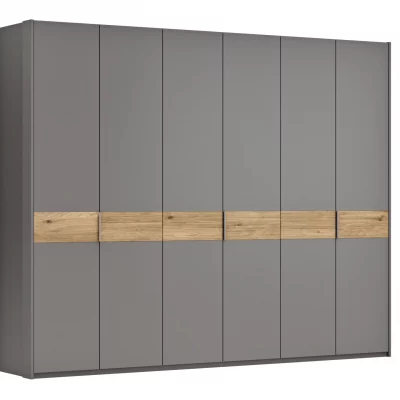 Drehtürenschrank Viana – B ca. 303 cm, Lack, Steingrau, Riffholz, Wildeiche