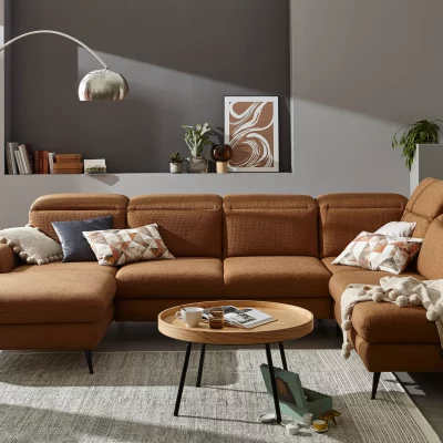 Wohnlandschaft Alegria – Longchair links mit 2,5-Sitzer und Ecke rechts inkl. Kopfteil/ Sitztiefe verstellbar, Stoff, Kurkuma