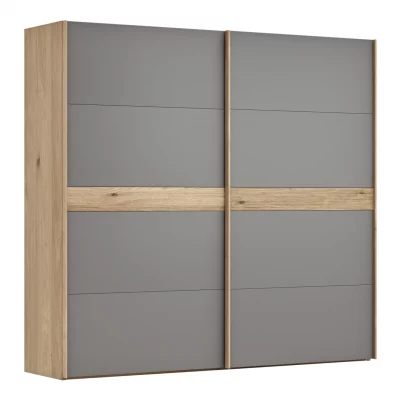 Schwebetürenschrank Viana – B ca. 241 cm, Lack, Steingrau, Riffholz, Balkeneiche