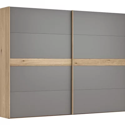Schwebetürenschrank Viana – B ca. 301 cm, Lack, Steingrau, Riffholz, Balkeneiche
