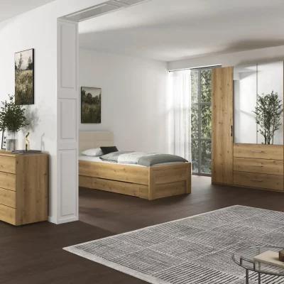 Bett – Liegefläche ca. 100×200 cm, mit Polsterkopfteil Champagner, Stollenfuß Asteiche Massiv