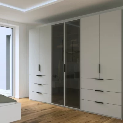 Drehtürenschrank – B. ca. 300 cm, Seidengrau Dekor, Glasrahmentüren Schwarz