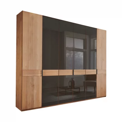 Drehtürenschrank –  B. ca. 300 cm, Erle Teilmassiv, Querriegel Massiv, Glastüren Mocca