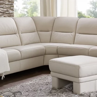 Wohnlandschaft EM St. Gallen – Hocker links, Relax-Eckteil, 3-Sitzer rechts, Leder, Natur