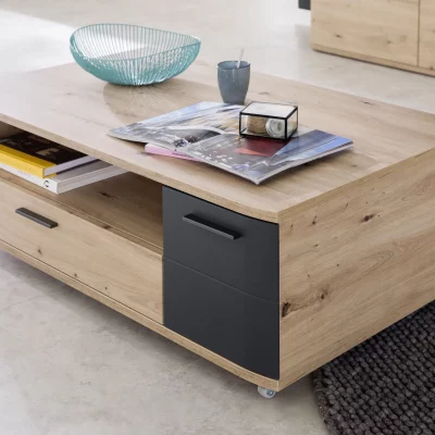 Couchtisch – mit Schubkasten, LBH ca. 115x70x42 cm, Balkeneiche