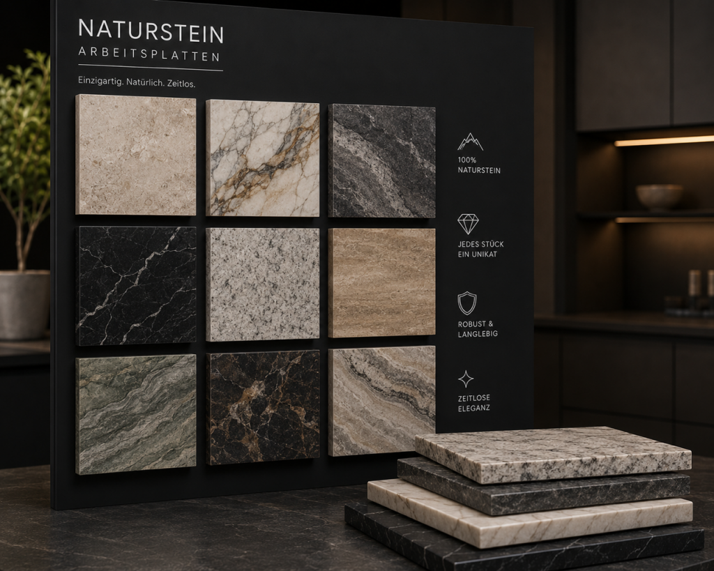 Natursteinmuster Granit und Quarzstein im Küchenstudio Andernach