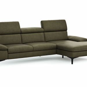 Ecksofa Felipa – 2,5-Sitzer mit Longchair rechts inkl. Kopfteil verstellbar, Leder, Olive