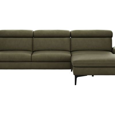 Ecksofa Felipa – 2,5-Sitzer mit Longchair rechts inkl. Kopfteil verstellbar, Leder, Olive