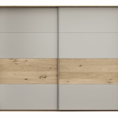 Schwebetürenschrank Viana – B ca. 248 cm, Furnier, Balkeneiche, Hellgrau