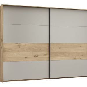 Schwebetürenschrank Viana – B ca. 308 cm, Furnier, Balkeneiche, Hellgrau