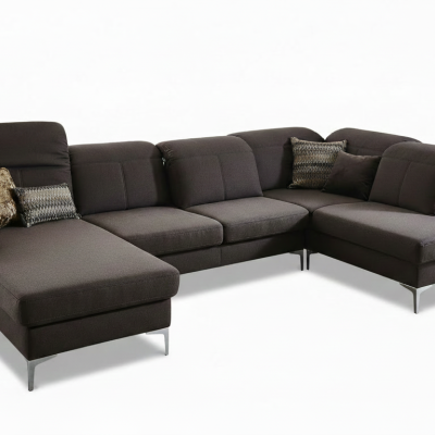 Polstergarnitur EM Brüssel – Longchair mit 2,5-Sitzer und Eckelement, Kopfteil verstellbar, Stoff, Braun