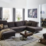 Polstergarnitur EM Brüssel – Longchair mit 2,5-Sitzer und Eckelement, Kopfteil verstellbar, Stoff, Braun