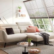 Ecksofa EM Lamego – Rückenlehne, Kopfteil und Armteil verstellbar, Stoff, Beige