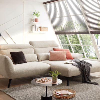 Ecksofa EM Lamego – Rückenlehne, Kopfteil und Armteil verstellbar, Stoff, Beige